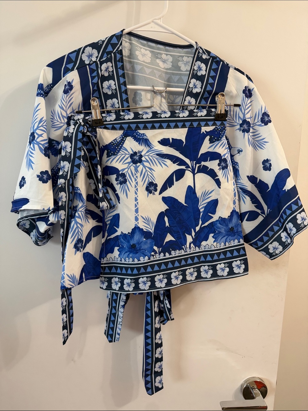 SHEIN Blue and White Tropical Wrap Crop Top and Wrap Skort Set